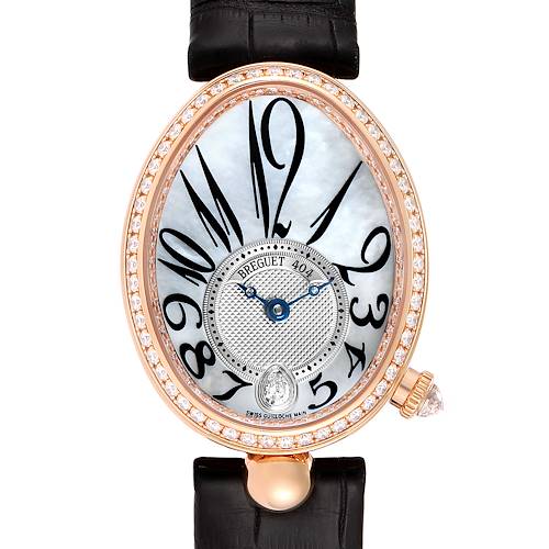 This is a front view of the Breguet Reine de Naples 8918BR/58/964/D00D Women's Rose Gold Mother of Pearl Dial 8918BR/58/964/D00D Women's Rose Gold Mother of Pearl Dial watch, highlighting its oval face, black leather strap, diamond bezel, and blue hands.