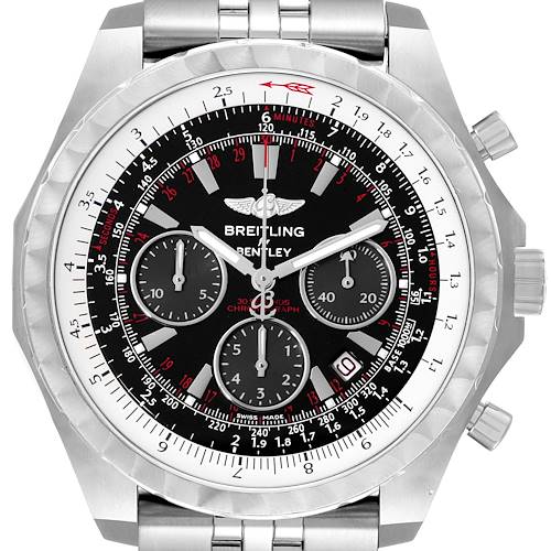 This Breitling Bentley A25365 Men's Stainless Steel Black Dial A25365 Men's Stainless Steel Black Dial watch is shown from the front, displaying the face, dials, and part of the metal bracelet.