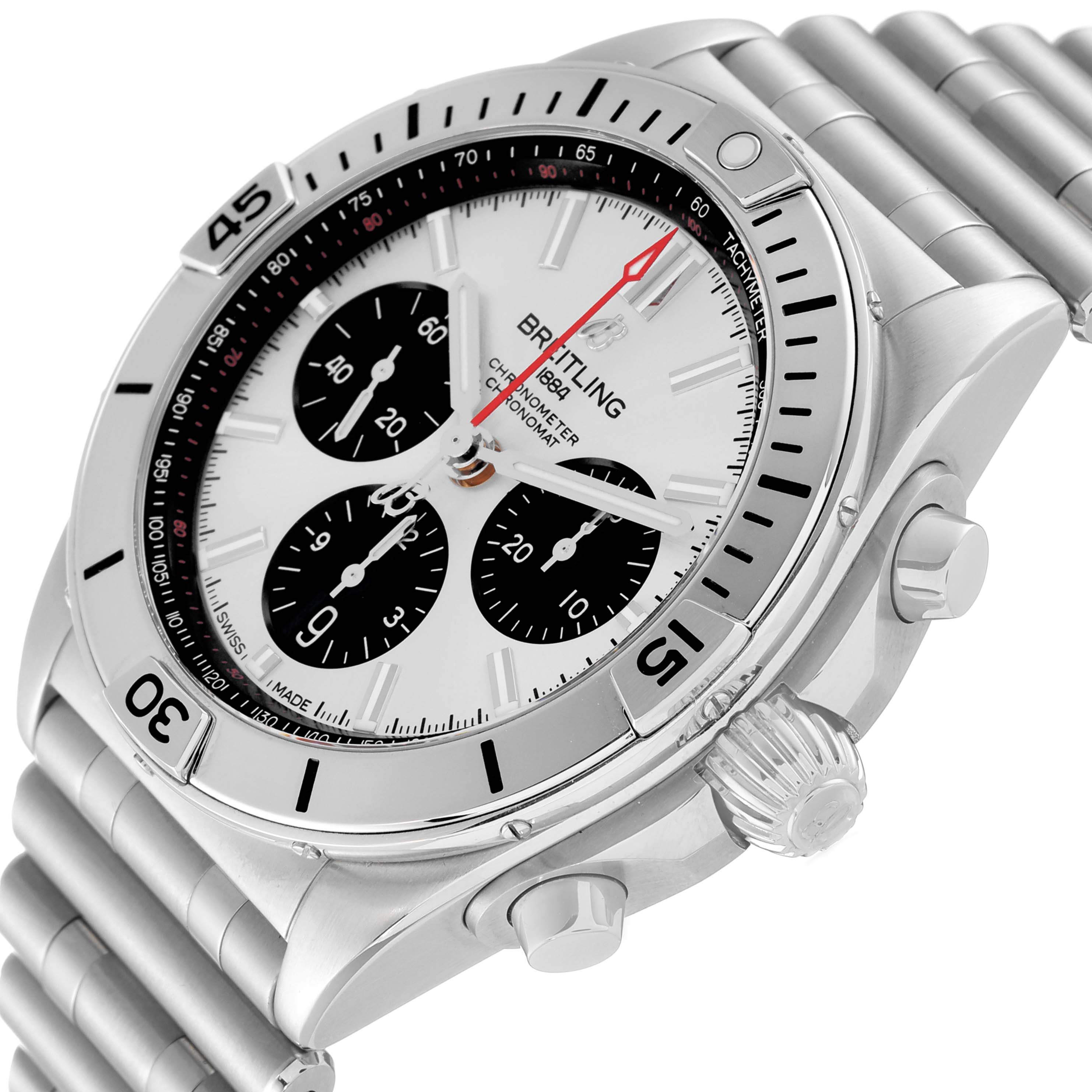 The Breitling Chronomat AB0134 Men's Stainless Steel Silver Dial AB0134 Men's Stainless Steel Silver Dial watch is shown at an angled close-up, highlighting its dial, bezel, and bracelet.