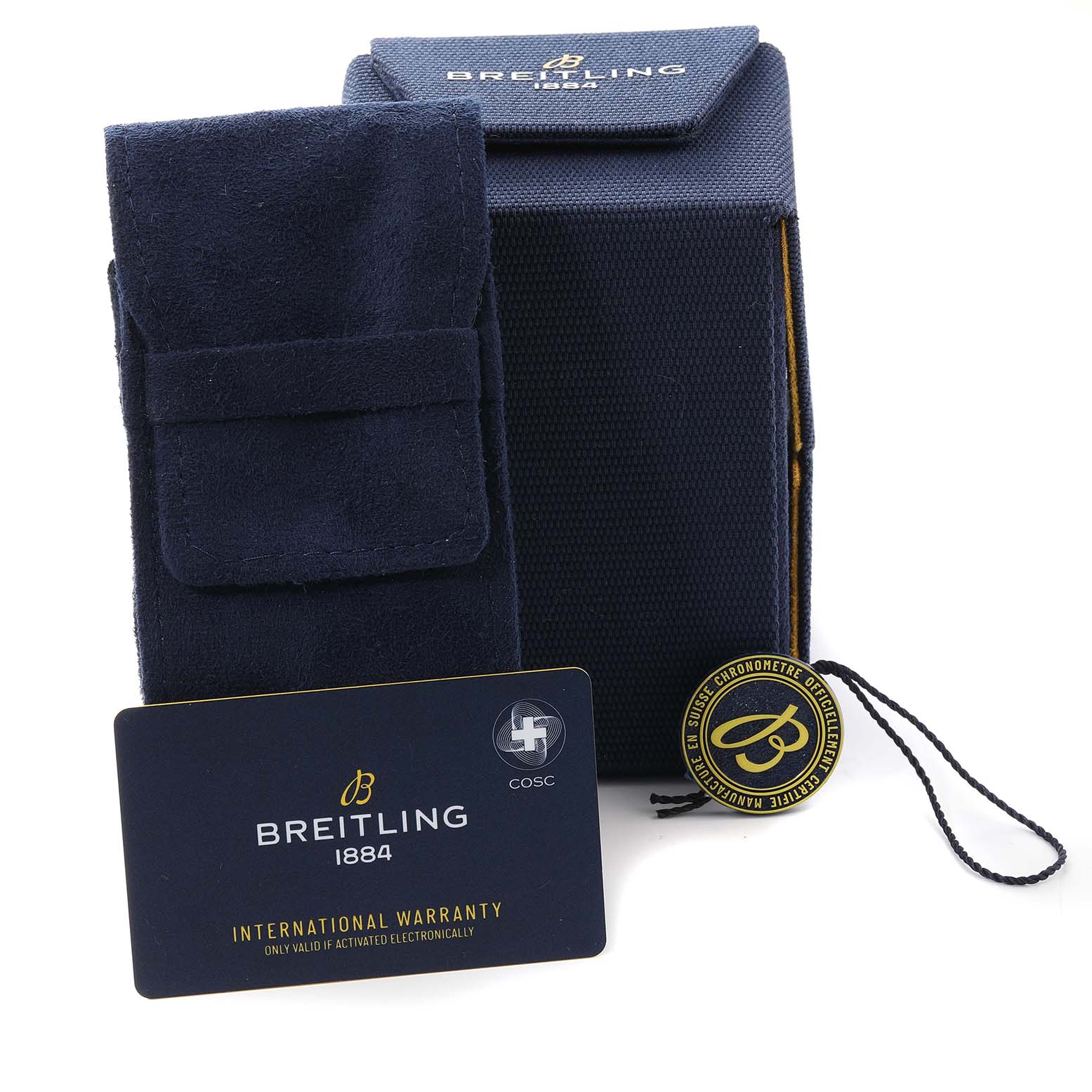 The image shows a Breitling Chronomat AB0134 Men's Stainless Steel Silver Dial AB0134 Men's Stainless Steel Silver Dial watch box, soft pouch, warranty card, and COSC certification medallion.