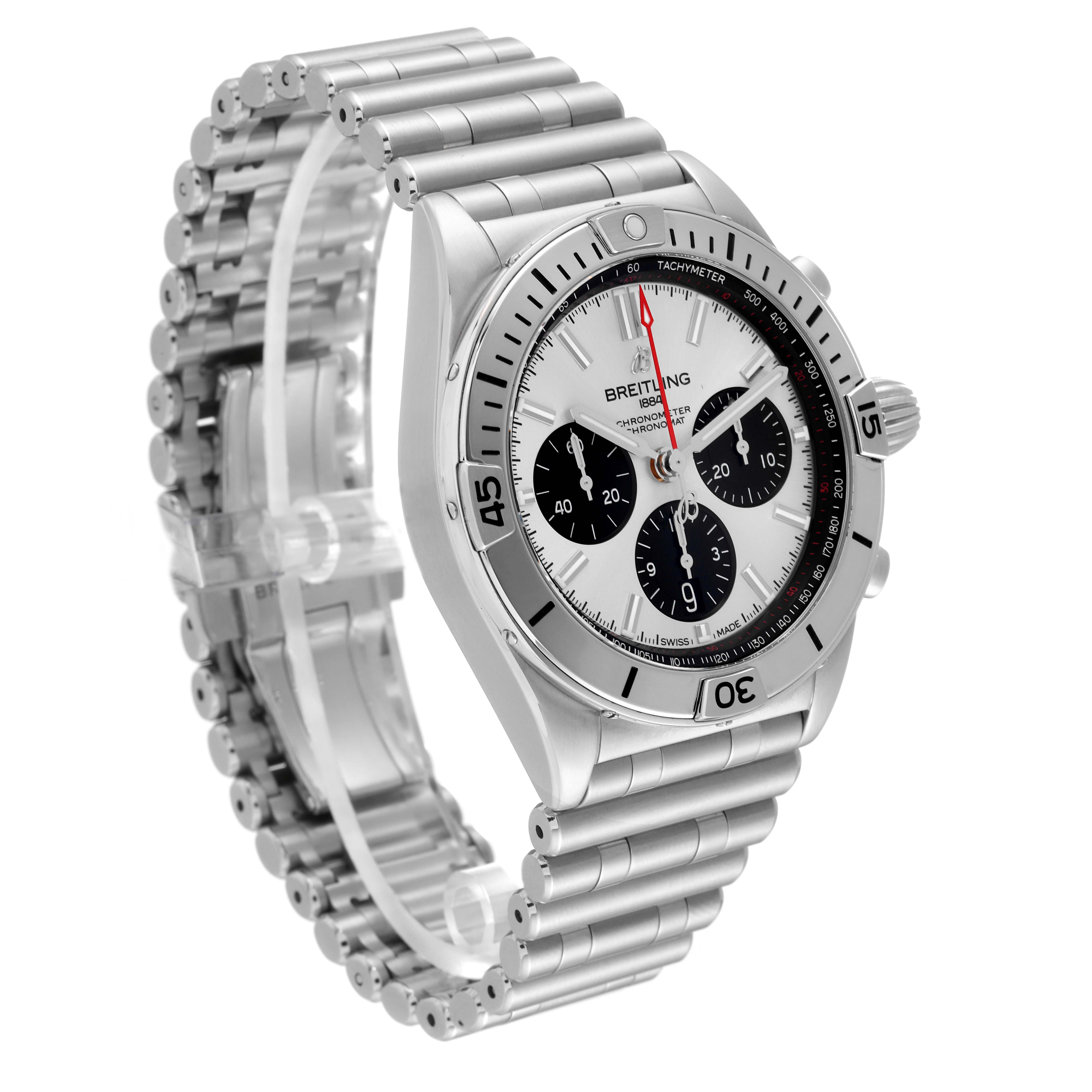 The image shows a side angle view of a Breitling Chronomat AB0134 Men's Stainless Steel Silver Dial AB0134 Men's Stainless Steel Silver Dial watch, featuring the bracelet, case, dial, and bezel.