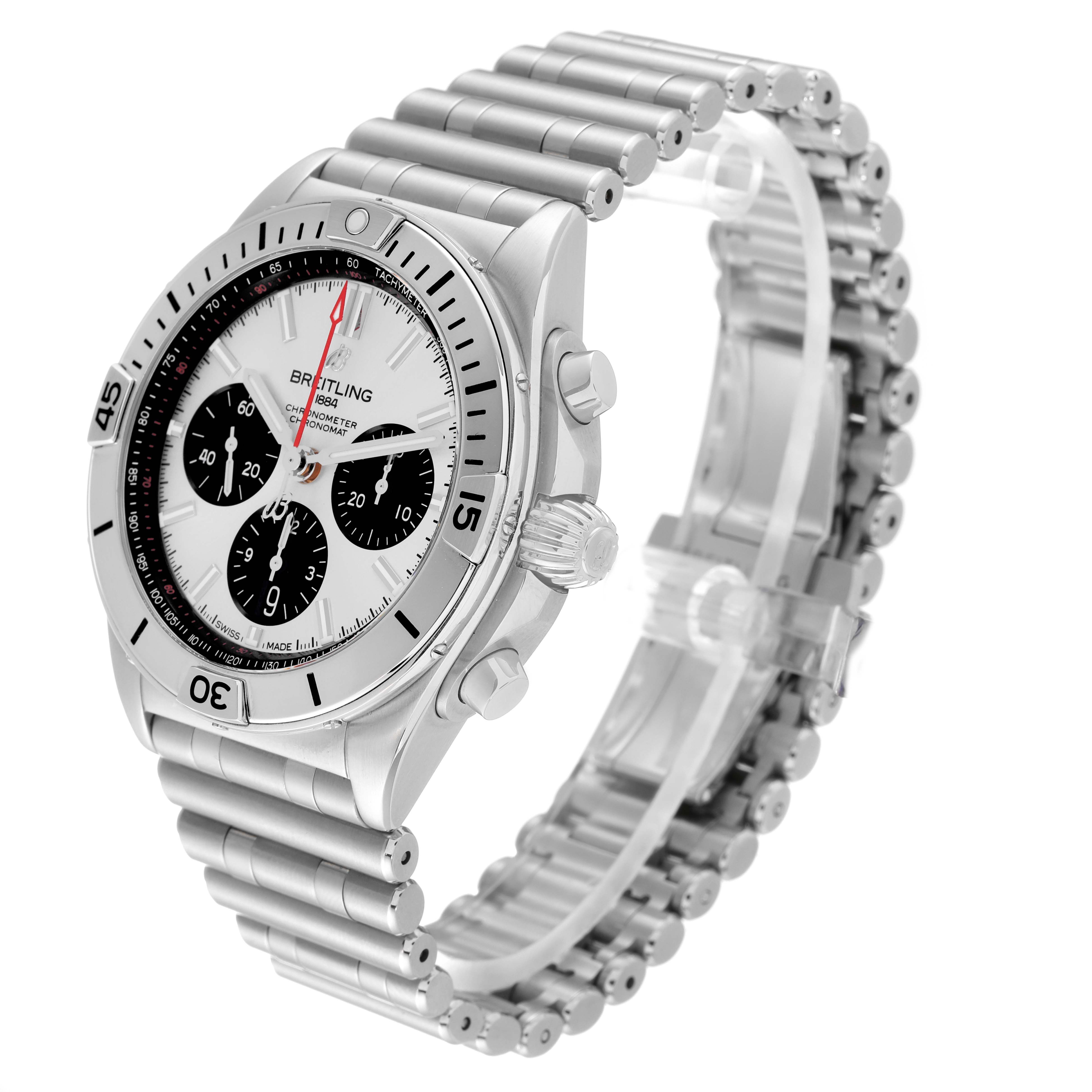 The image shows a side-angle view of the Breitling Chronomat AB0134 Men's Stainless Steel Silver Dial AB0134 Men's Stainless Steel Silver Dial watch, highlighting the face, dial, band, and crown.