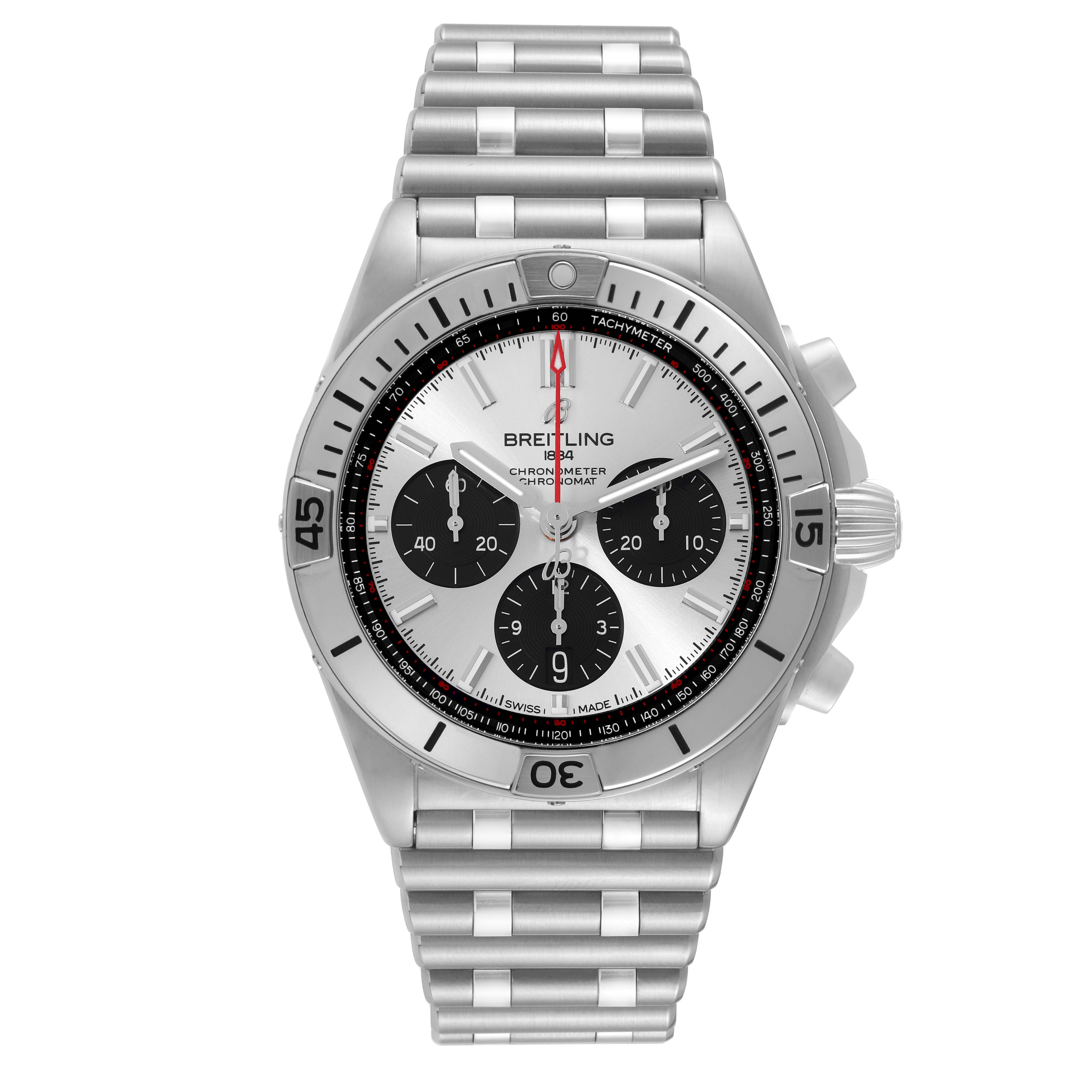 The image shows a front view of the Breitling Chronomat AB0134 Men's Stainless Steel Silver Dial AB0134 Men's Stainless Steel Silver Dial watch, displaying the dial, bezel, and stainless steel bracelet.