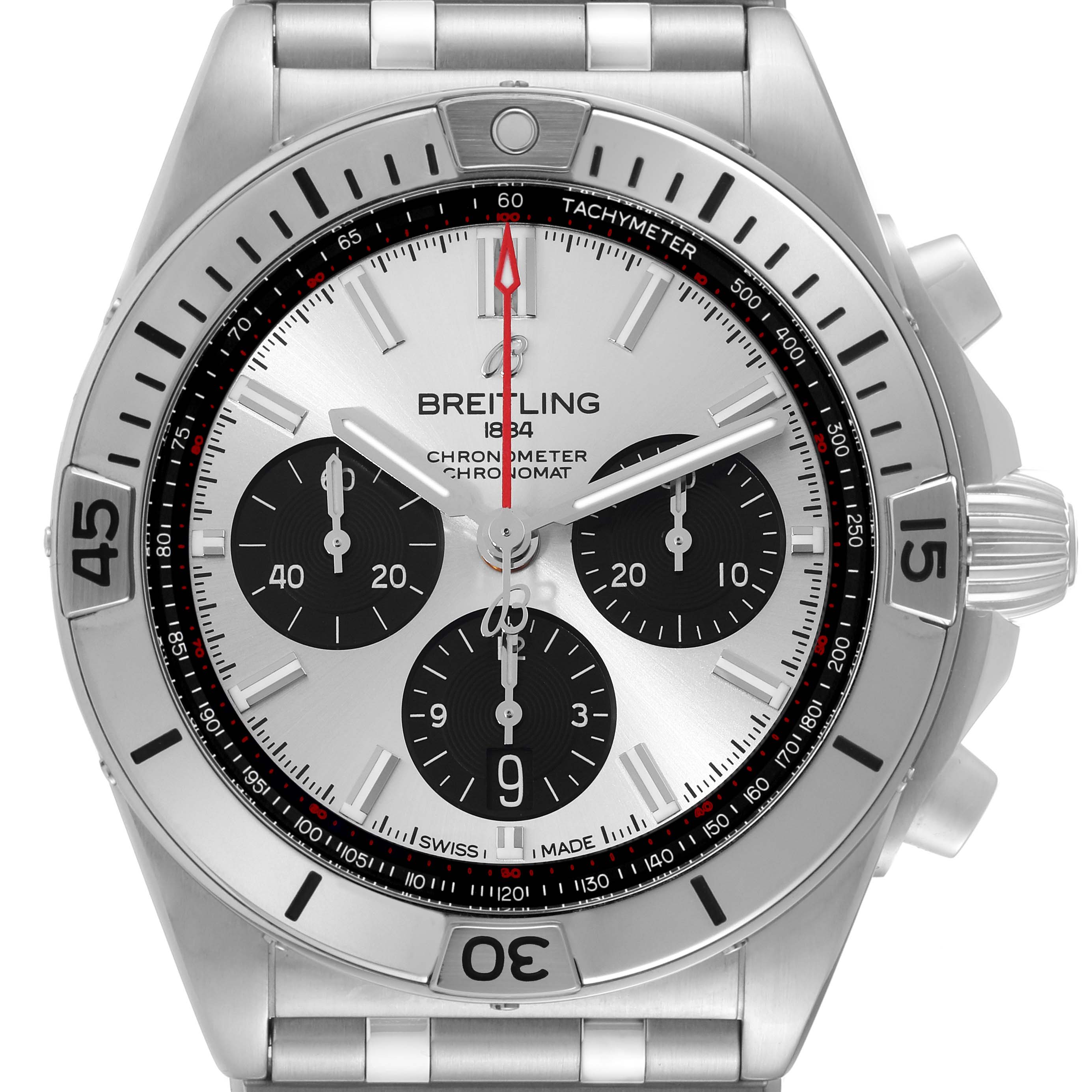 The image shows a front view of a Breitling Chronomat AB0134 Men's Stainless Steel Silver Dial AB0134 Men's Stainless Steel Silver Dial watch, highlighting its dial, bezel, and chronograph subdials.
