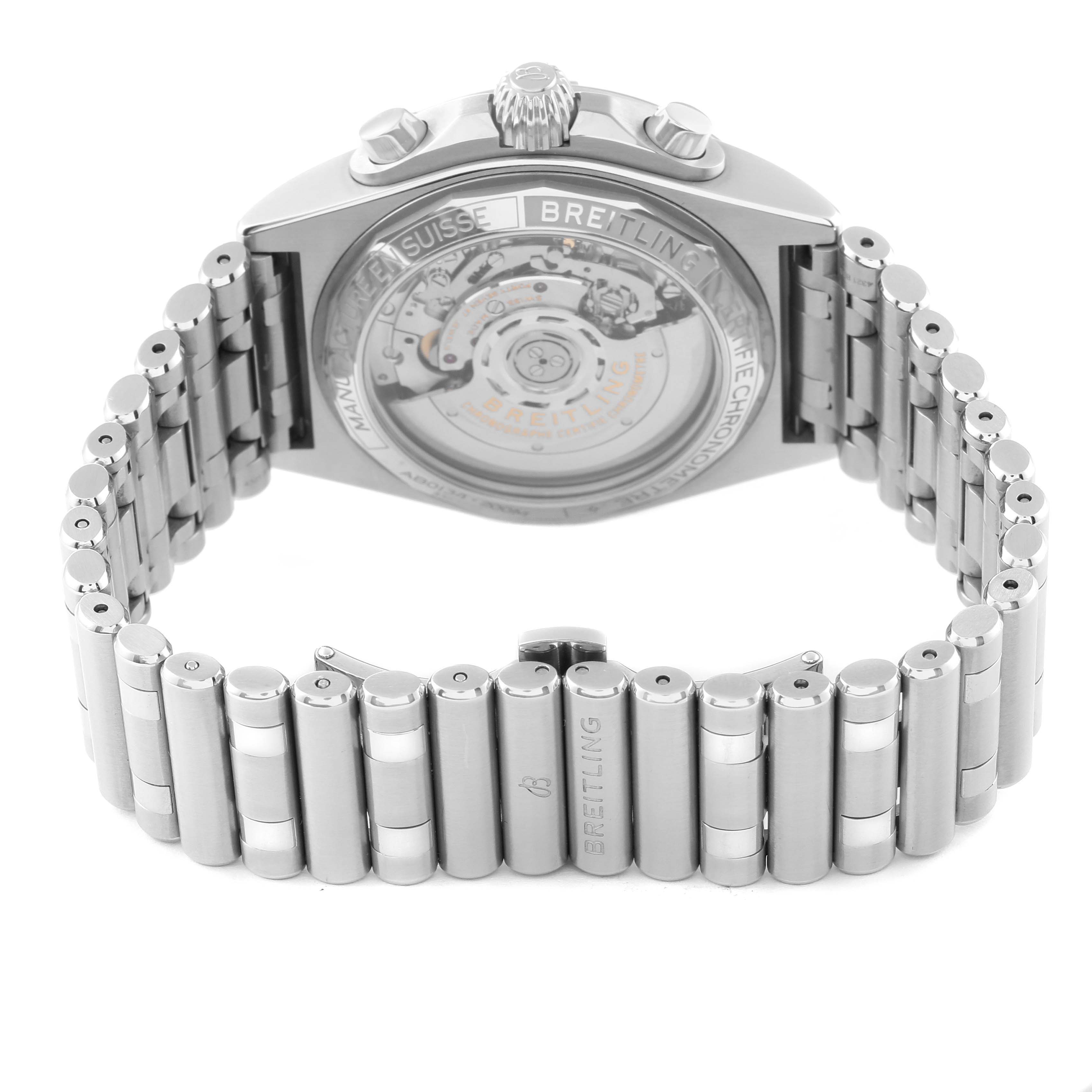 The image shows the back view of a Breitling Chronomat AB0134 Men's Stainless Steel Silver Dial AB0134 Men's Stainless Steel Silver Dial watch, highlighting its automatic movement and metal bracelet.