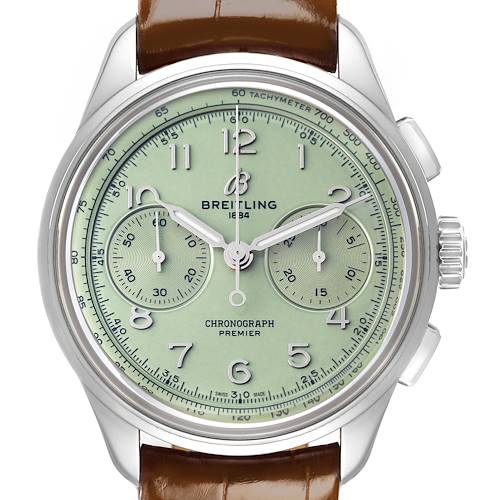The image shows a front view of the Breitling Premier AB0930 Men's Stainless Steel Green Dial watch, highlighting the dial, subdials, and crown.