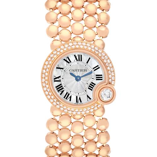 The Cartier Ballon Blanc WE902057 Women's Rose Gold Mother of Pearl Dial watch is shown from the top, highlighting the face, diamond bezel, and unique bracelet design.