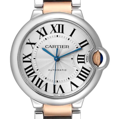 The image shows a frontal view of the Cartier Ballon Bleu Women's Steel and Gold (two tone) Silver Dial Women's Steel and Gold (two tone) Silver Dial, highlighting the dial, crown, and part of the bracelet.