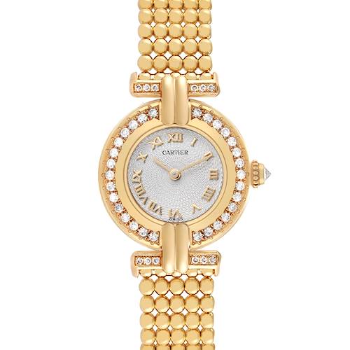 The Cartier Colisee WB1018A8 Women's Yellow Gold Silver Dial watch is shown from a top view, displaying the entire face, bezel, and part of the bracelet.
