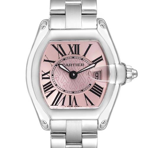 This image shows a front view of a Cartier Roadster W62043V3 Women's Stainless Steel Pink Dial W62043V3 Women's Stainless Steel Pink Dial watch, highlighting its dial, Roman numerals, and stainless steel bracelet.