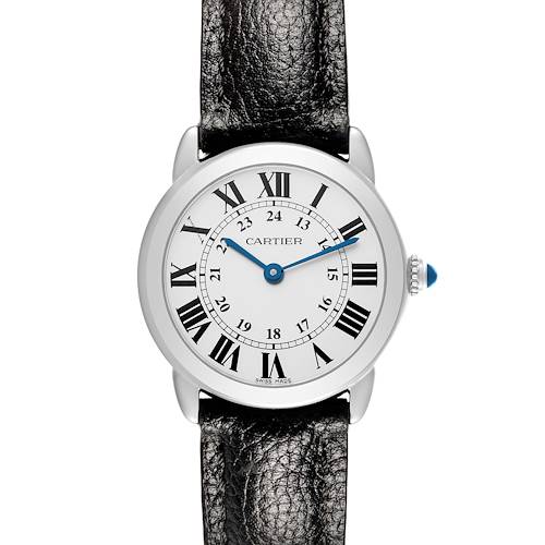 The Cartier Ronde W6700155 Women's Stainless Steel Silver Dial watch is shown from a top-down angle, displaying its round face, Roman numerals, blue hands, and black leather strap.