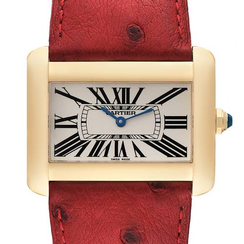 This image shows a front view of the Cartier Tank Divan W6300556 Women's Yellow Gold Silver Dial W6300556 Women's Yellow Gold Silver Dial watch, featuring a red leather strap and rectangular gold case.