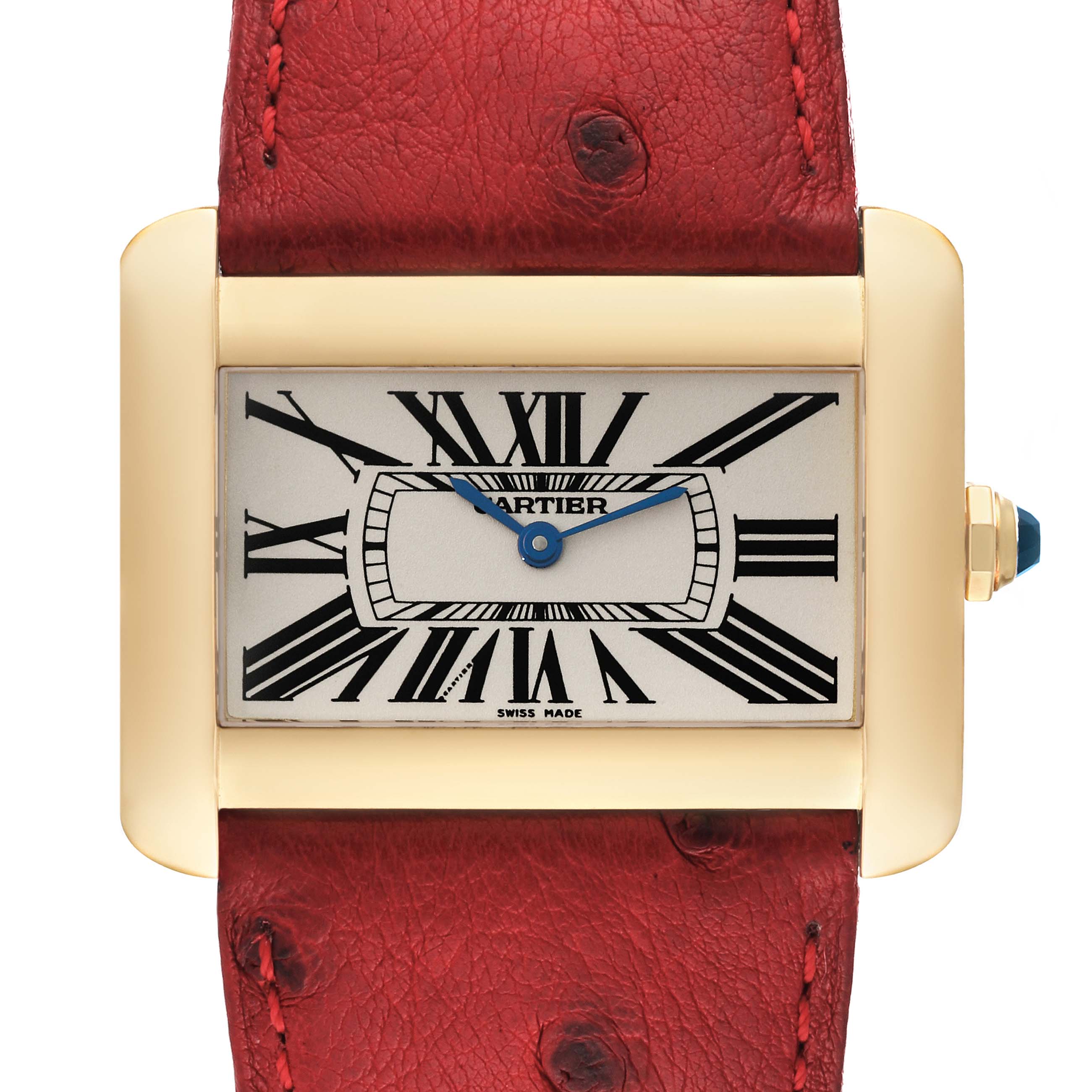 This image shows a front view of the Cartier Tank Divan W6300556‏ Women's Yellow Gold Silver Dial W6300556‏ Women's Yellow Gold Silver Dial watch, highlighting the dial, case, and leather strap.