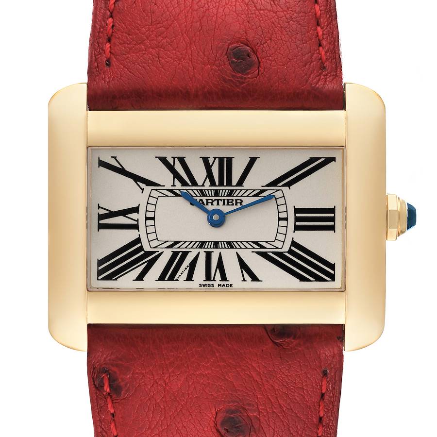 This image shows a front view of the Cartier Tank Divan W6300556‏ Women's Yellow Gold Silver Dial W6300556‏ Women's Yellow Gold Silver Dial watch, highlighting the dial, case, and leather strap.