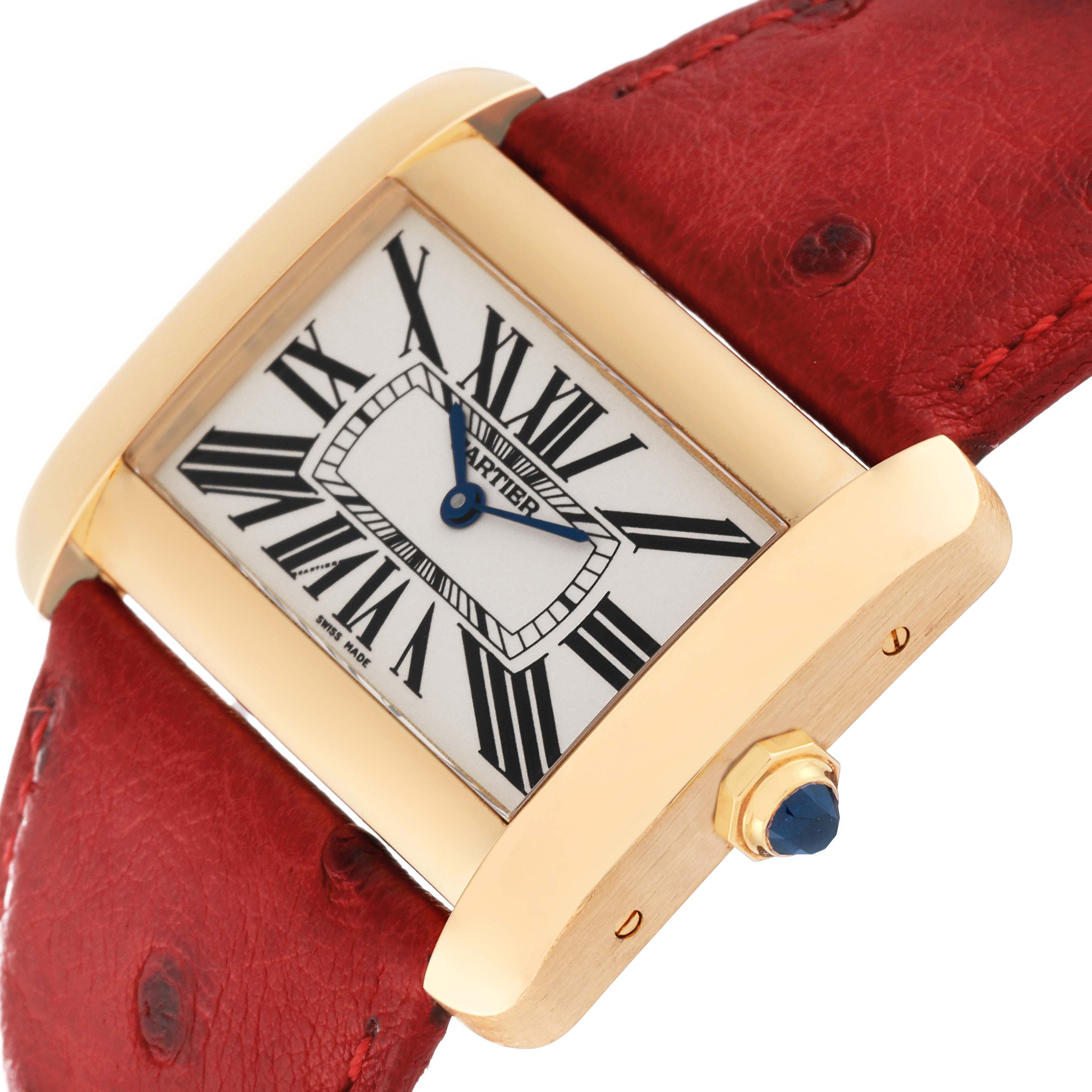 The image shows a close-up, angled view of the Cartier Tank Divan W6300556‏ Women's Yellow Gold Silver Dial W6300556‏ Women's Yellow Gold Silver Dial watch, highlighting the face, crown, and red leather strap.