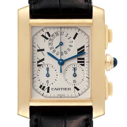 This image shows a close-up of the Cartier Tank Francaise W5000556 Men's Yellow Gold Silver Dial W5000556 Men's Yellow Gold Silver Dial watch face with a gold case and black leather strap.