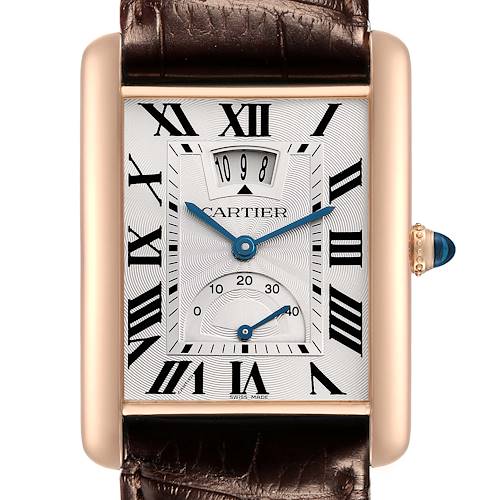 The Cartier Tank Louis W1560003 Men's Rose Gold Silver Dial watch is shown from a front angle, displaying the dial, crown, and leather strap detail.