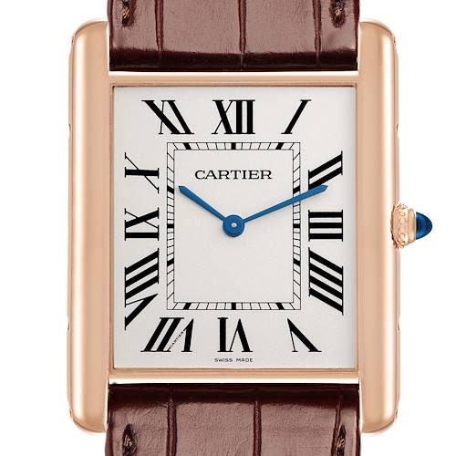 The Cartier Tank Louis W1560017 Men's Rose Gold Silver Dial watch is shown from the front, displaying the face, Roman numerals, and part of the leather strap.