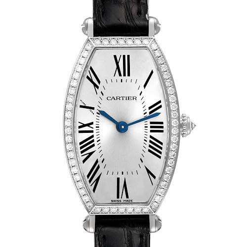 The Cartier Tortue WE400131 Women's White Gold Silver Dial WE400131 Women's White Gold Silver Dial watch model is shown from the front, highlighting its dial, Roman numerals, and diamond-studded bezel.