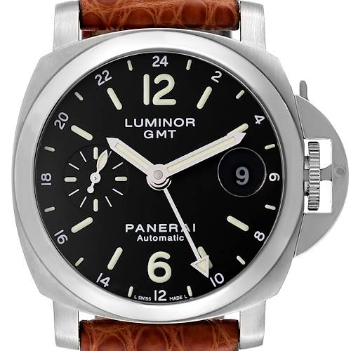 The image shows a front view of a Panerai Luminor PAM00244 Men's Stainless Steel Black Dial PAM00244 Men's Stainless Steel Black Dial GMT watch, highlighting the dial, hands, bezel, and part of the leather strap.