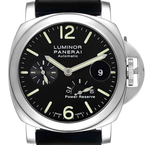 The image shows a front view of a Panerai Luminor PAM00090 Men's Stainless Steel Black Dial PAM00090 Men's Stainless Steel Black Dial watch, displaying the dial, crown guard, and strap attachment.
