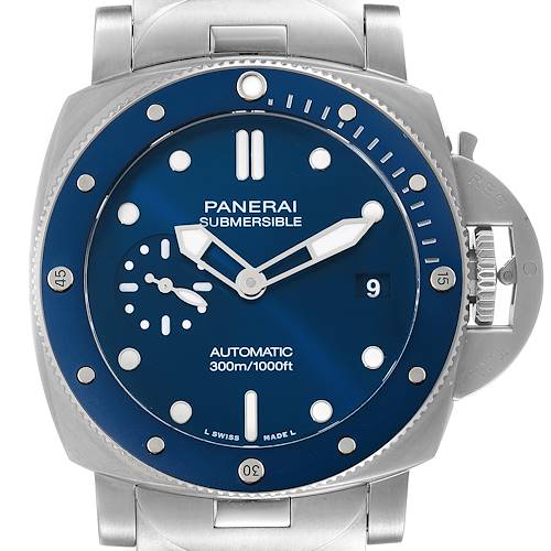 The image shows a front view of the Panerai Submersible PAM01068 Men's Stainless Steel Blue Dial PAM01068 Men's Stainless Steel Blue Dial watch, highlighting the blue dial, bezel, and stainless steel bracelet.