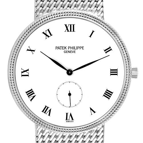 This image shows a front view of a Patek Philippe Calatrava 3919G Men's White Gold White Dial 3919G Men's White Gold White Dial watch, highlighting its face, Roman numerals, and part of the band.