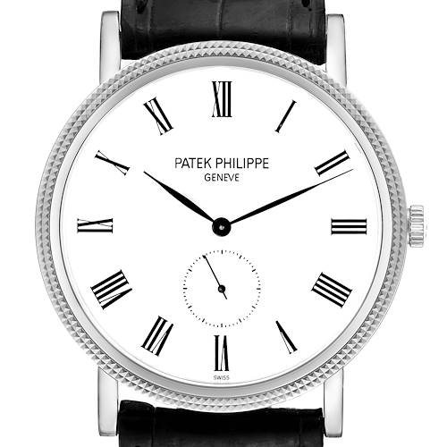 The Patek Philippe Calatrava 5119G Men's White Gold White Dial 5119G Men's White Gold White Dial watch is shown from the front, displaying its dial, hands, bezel, and a portion of the leather strap.