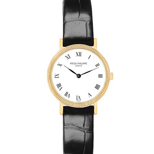 The Patek Philippe Calatrava 4819J Women's Yellow Gold White Dial watch is shown from a front angle, displaying the dial, hands, bezel, and black leather strap.