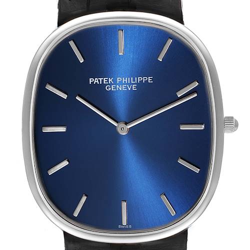 The image shows a front view of the Patek Philippe Golden Ellipse 5738P-001 Men's Platinum Blue Dial 5738P-001 Men's Platinum Blue Dial watch, highlighting the dial and hands.