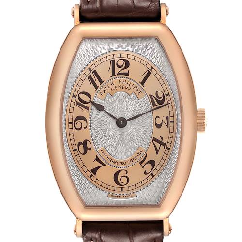 The Patek Philippe Gondolo 5098R Men's Rose Gold Silver Dial watch is shown from the front, highlighting its dial and brown leather strap.