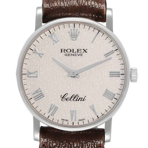 The Rolex Cellini 5115 Men's White Gold Silver Dial watch is shown from the front, displaying the dial, hands, and part of the brown leather strap.