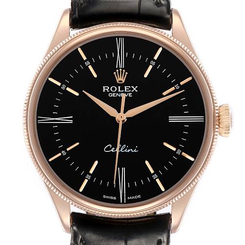 The Rolex Cellini 50505 Men's Rose Gold Black Dial watch is shown from the front, highlighting the dial, hands, crown, and leather strap.