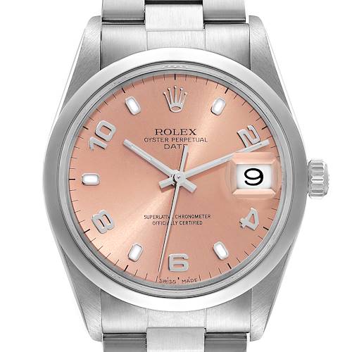 The image shows a front view of a Rolex Date 15200 Men's Stainless Steel Pink Dial 15200 Men's Stainless Steel Pink Dial model watch, highlighting its pink dial, date display, and stainless steel bracelet.