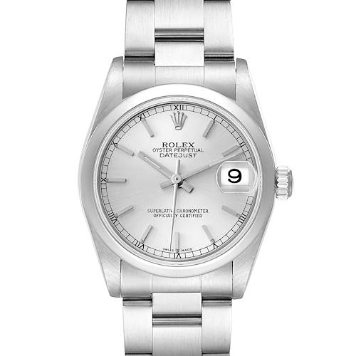 The image shows a front view of the Rolex Datejust Mid-Size watch, highlighting its dial, bezel, and bracelet.