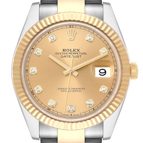 This is a frontal view of the Rolex Datejust 41 126333 Men's Steel and Gold (two tone) Champagne Dial 126333 Men's Steel and Gold (two tone) Champagne Dial watch, showing the dial, bezel, and crown.