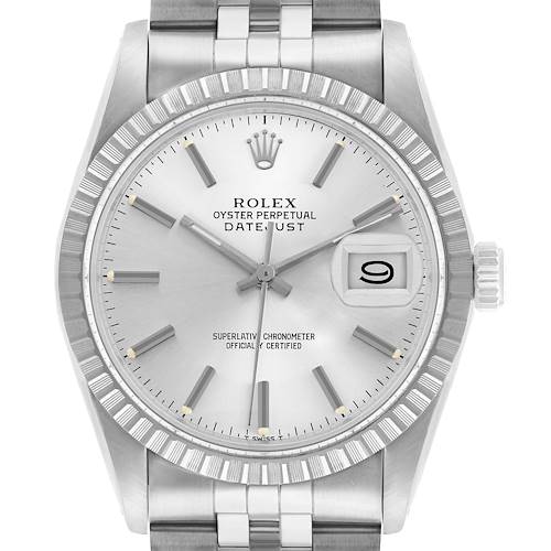 The Rolex Vintage Collection 16030 Men's Stainless Steel Silver Dial model is shown from a front view, displaying the dial, hands, date window, bezel, and part of the bracelet.