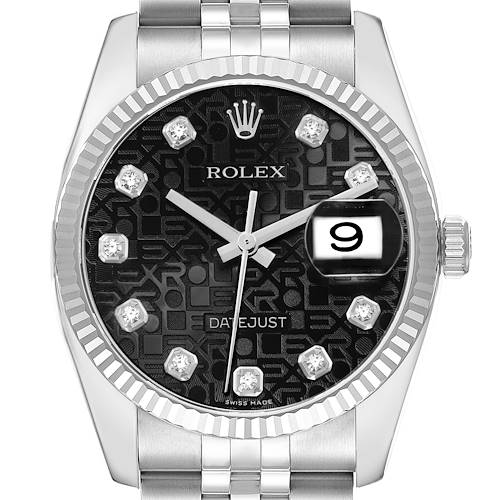 The Rolex Datejust 16234 Men's Stainless Steel Black Dial watch is shown from a front angle, highlighting the dial, bezel, and part of the bracelet.