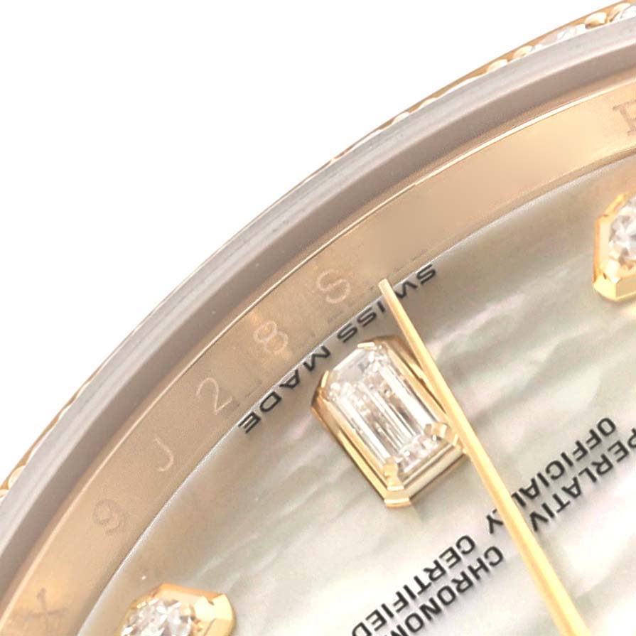 This close-up shows the dial and part of the bezel of a Rolex President 118348 Men's Yellow Gold Mother of Pearl Dial 118348 Men's Yellow Gold Mother of Pearl Dial watch, highlighting the markers and "Swiss Made" text.