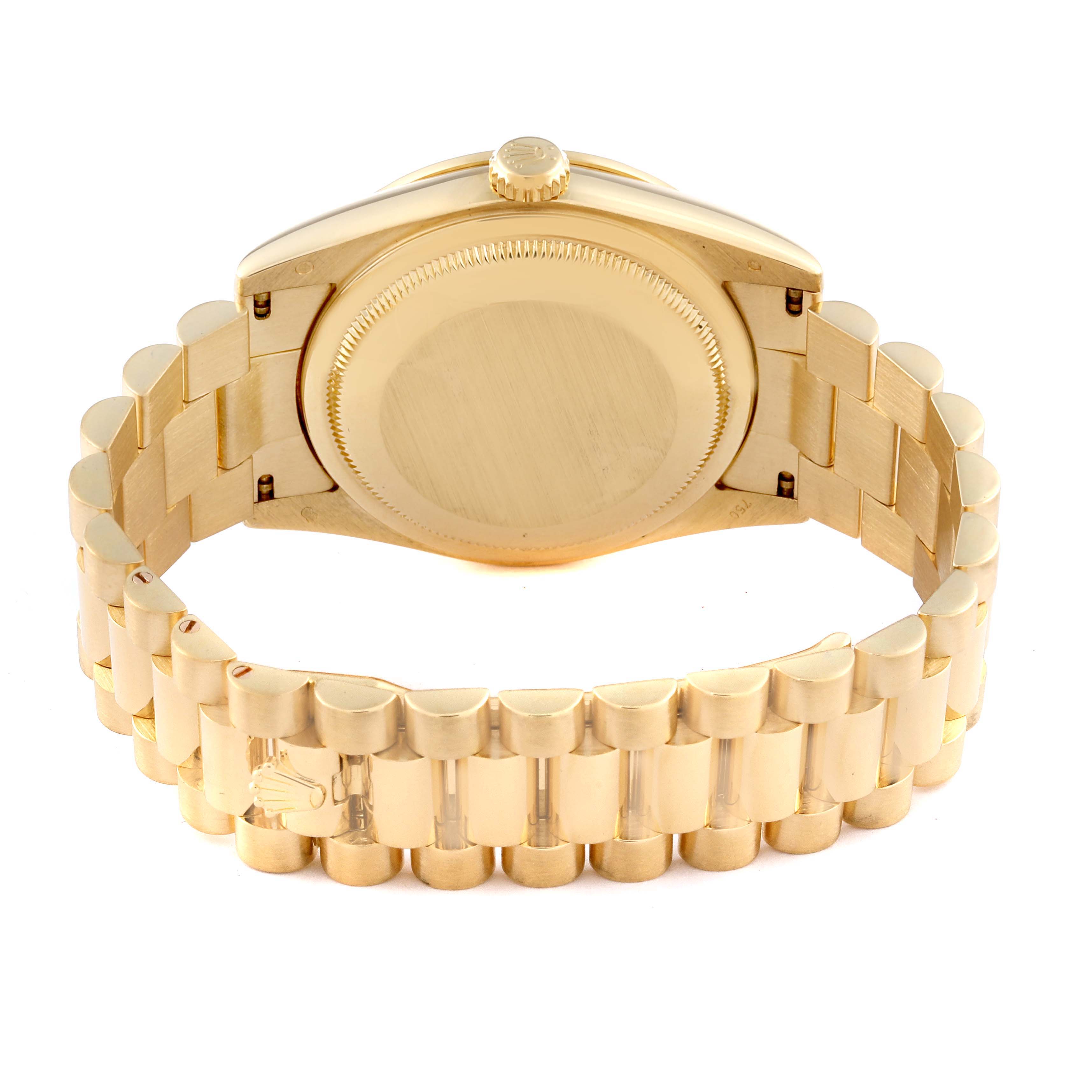 The image shows the Rolex President 118348 Men's Yellow Gold Mother of Pearl Dial 118348 Men's Yellow Gold Mother of Pearl Dial model from the rear, highlighting the bracelet and case back.