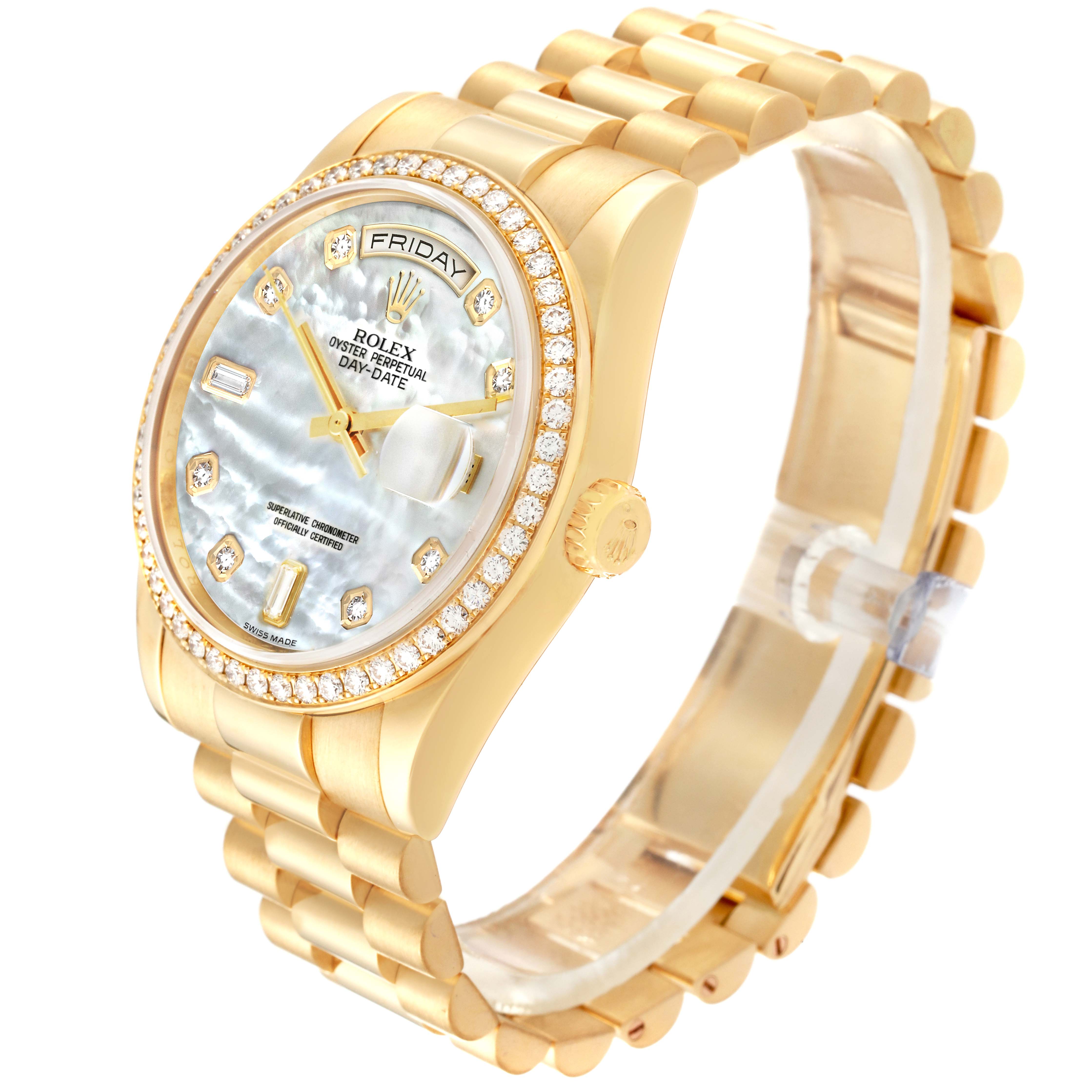 The Rolex President 118348 Men's Yellow Gold Mother of Pearl Dial 118348 Men's Yellow Gold Mother of Pearl Dial watch is shown at a three-quarter angle, highlighting the face, band, and diamond bezel.