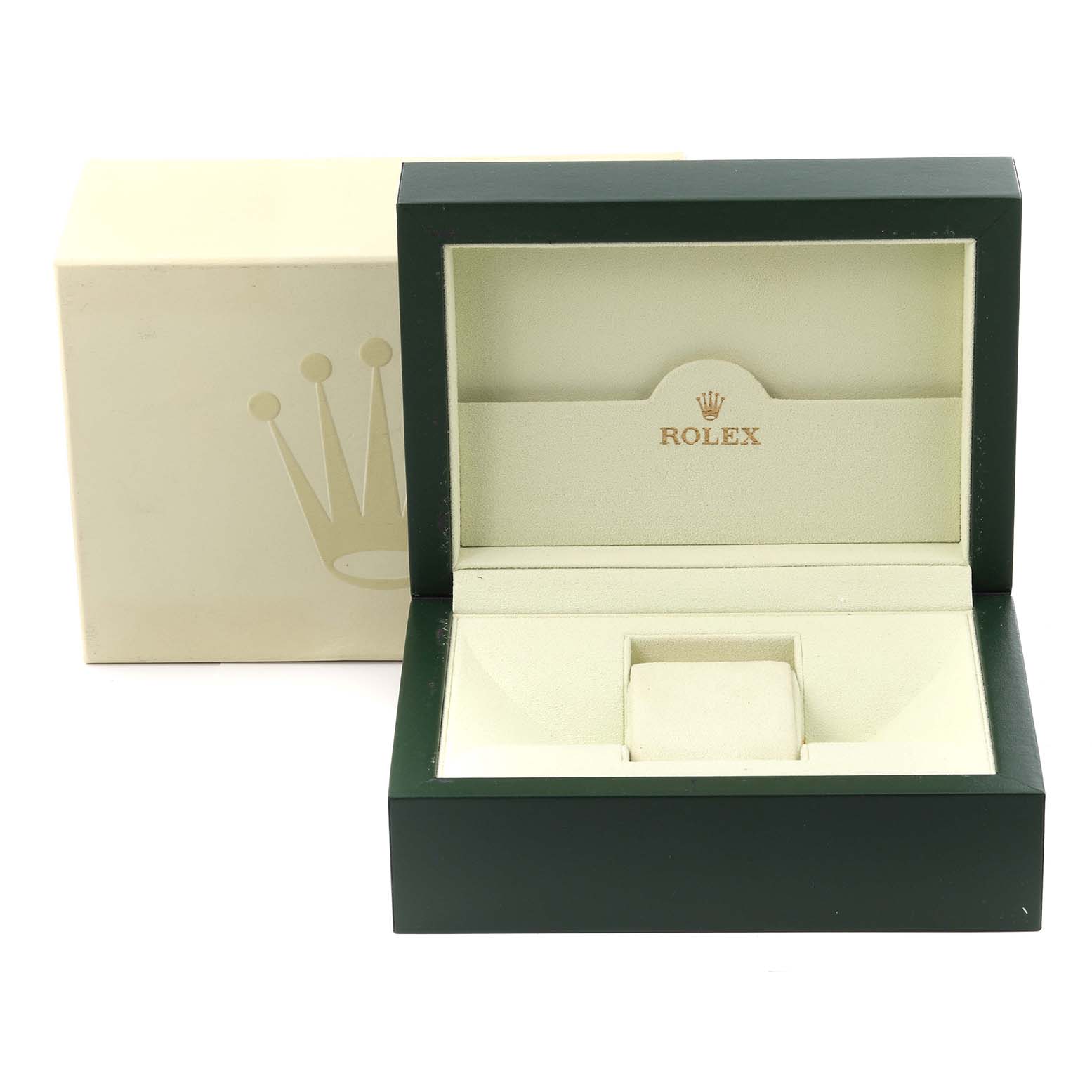 The image shows the open box for a Rolex President 118348 Men's Yellow Gold Mother of Pearl Dial 118348 Men's Yellow Gold Mother of Pearl Dial model, revealing its green exterior and cream interior with the Rolex logo.