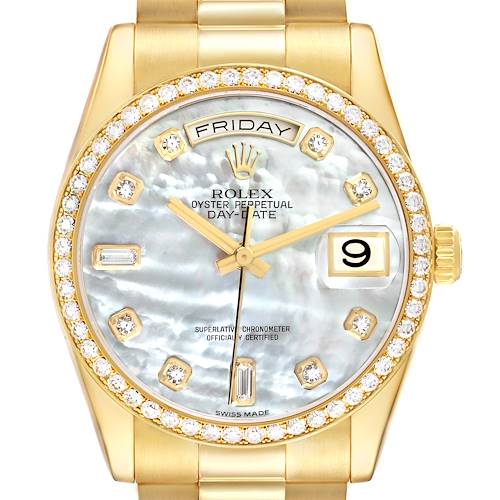 The Rolex President 118348 Men's Yellow Gold Mother of Pearl Dial 118348 Men's Yellow Gold Mother of Pearl Dial model is shown from the front, displaying the dial, bezel, crown, and a portion of the bracelet.