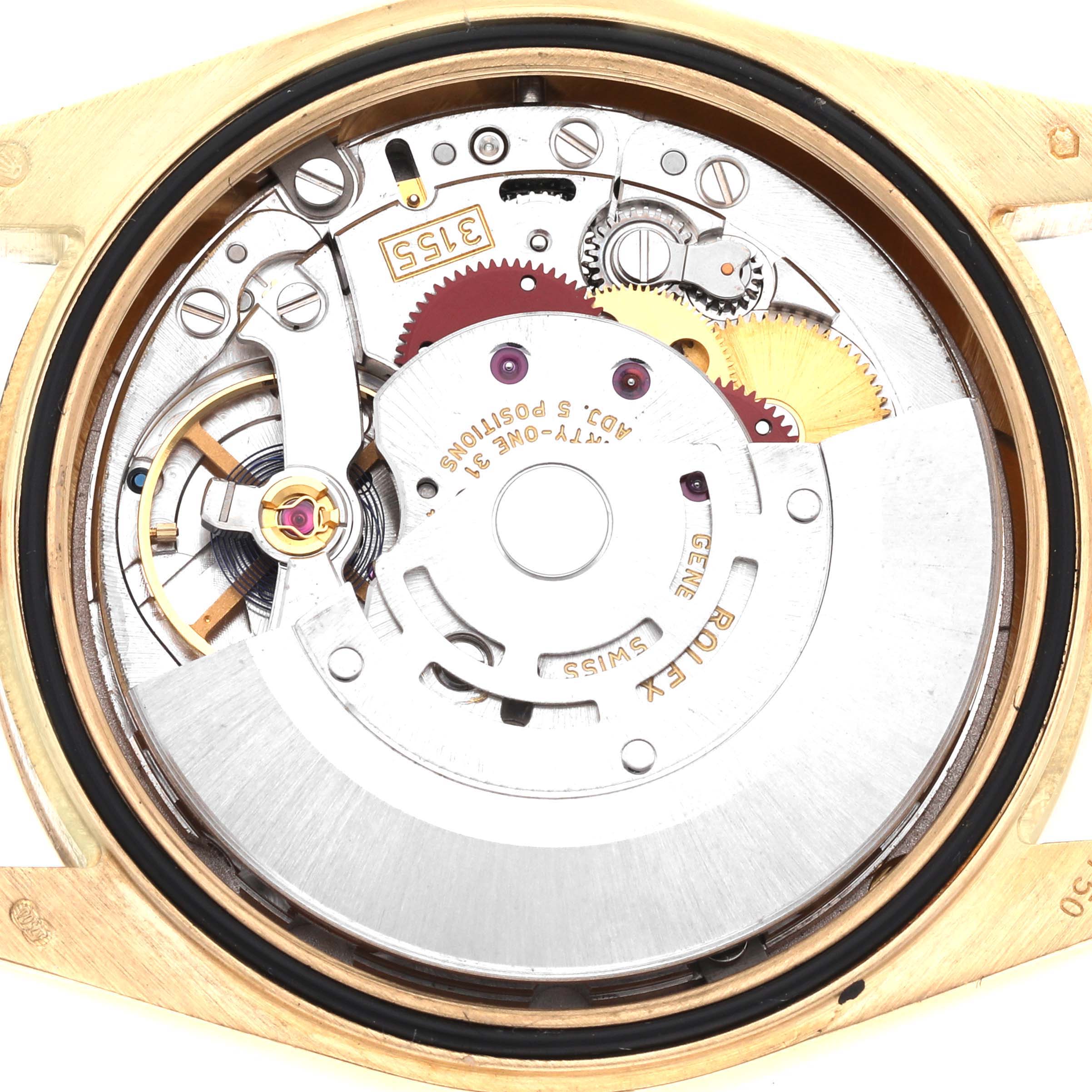 The image shows the internal mechanism of a Rolex President 118348 Men's Yellow Gold Mother of Pearl Dial 118348 Men's Yellow Gold Mother of Pearl Dial model watch from the back.