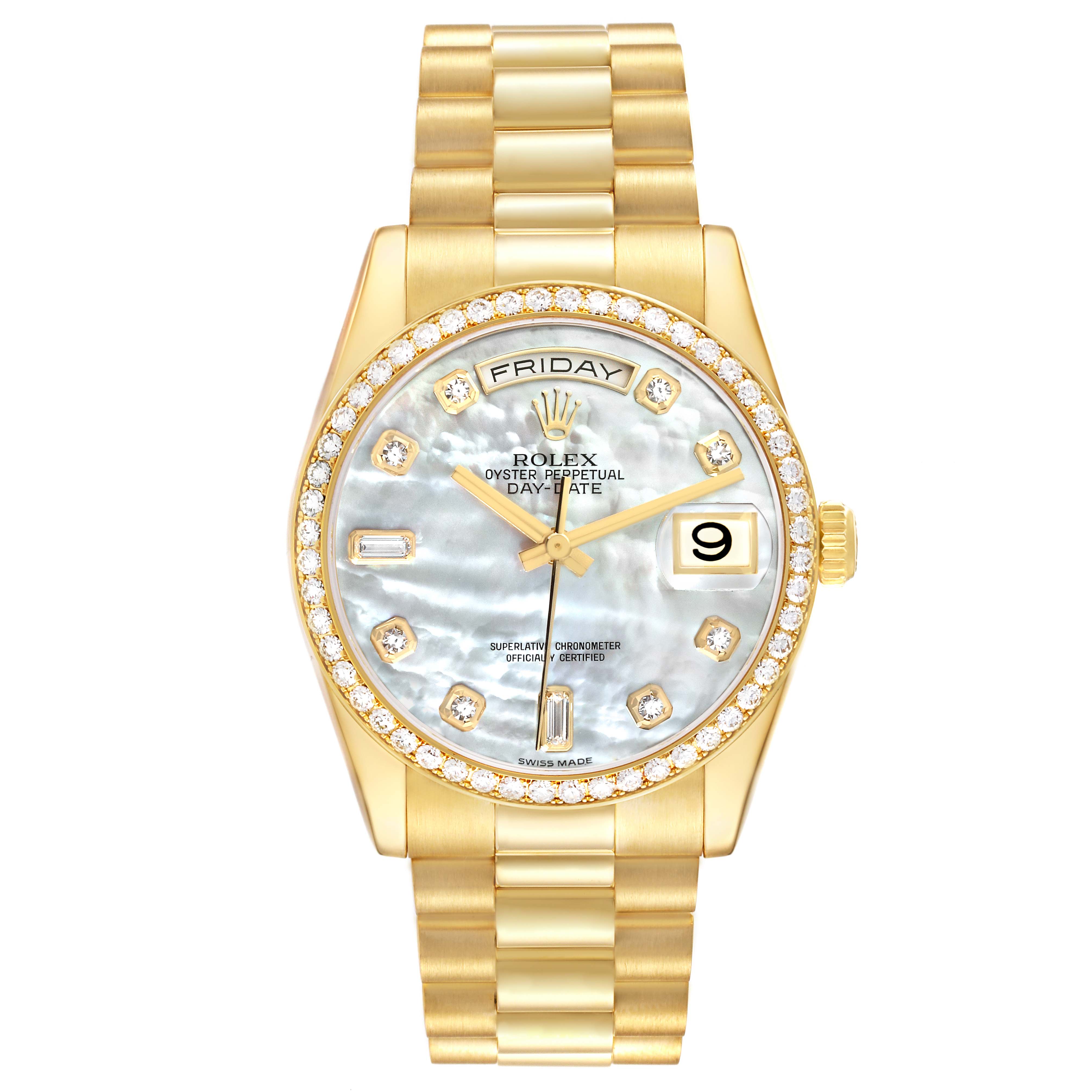 The Rolex President 118348 Men's Yellow Gold Mother of Pearl Dial 118348 Men's Yellow Gold Mother of Pearl Dial model is shown from a front angle, highlighting the dial, bezel, and bracelet.