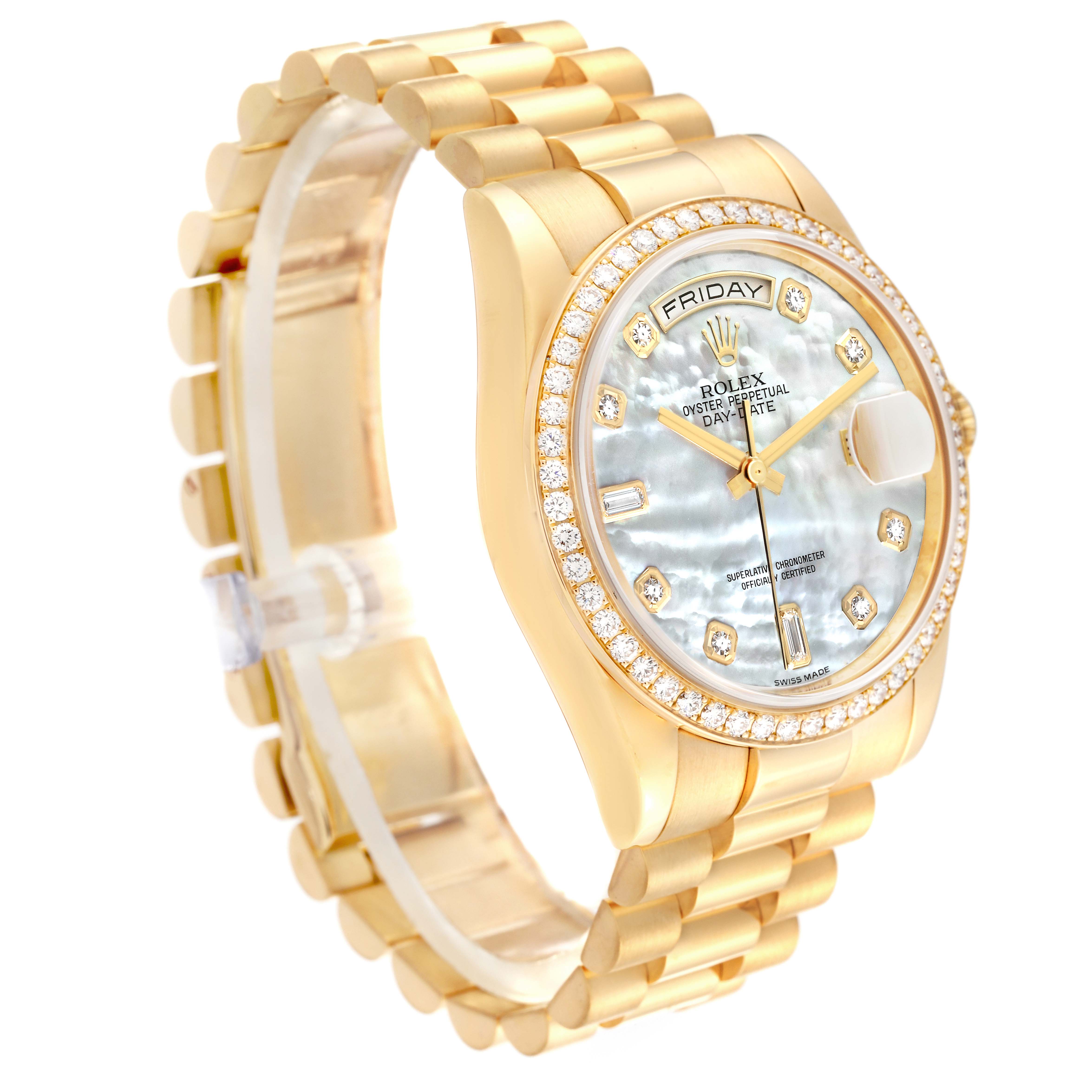 The Rolex President 118348 Men's Yellow Gold Mother of Pearl Dial 118348 Men's Yellow Gold Mother of Pearl Dial model watch is shown at a three-quarter angle, displaying the bezel, dial, and bracelet.