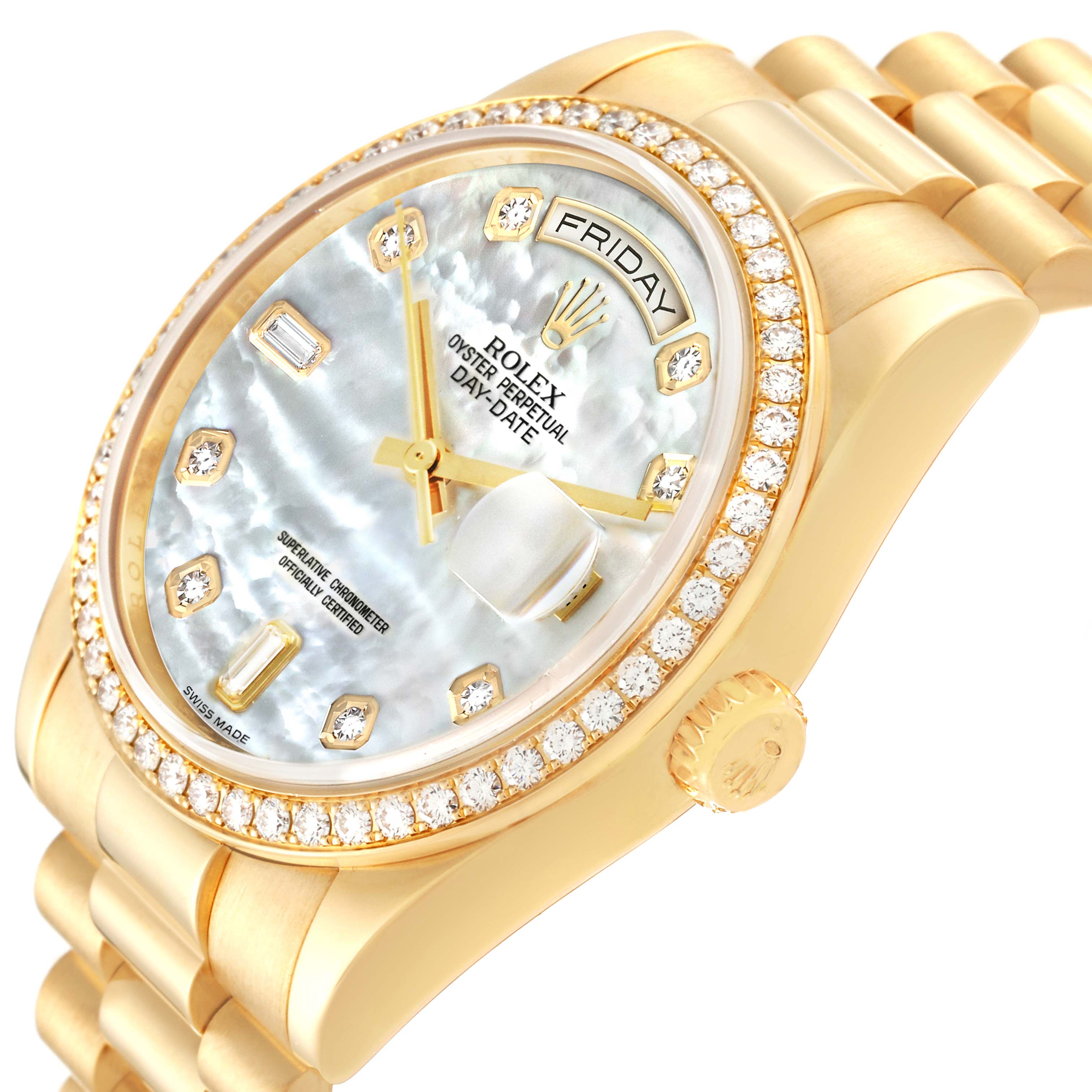 The Rolex President 118348 Men's Yellow Gold Mother of Pearl Dial 118348 Men's Yellow Gold Mother of Pearl Dial model is shown at a slight angle, highlighting the face, bezel, and part of the band.