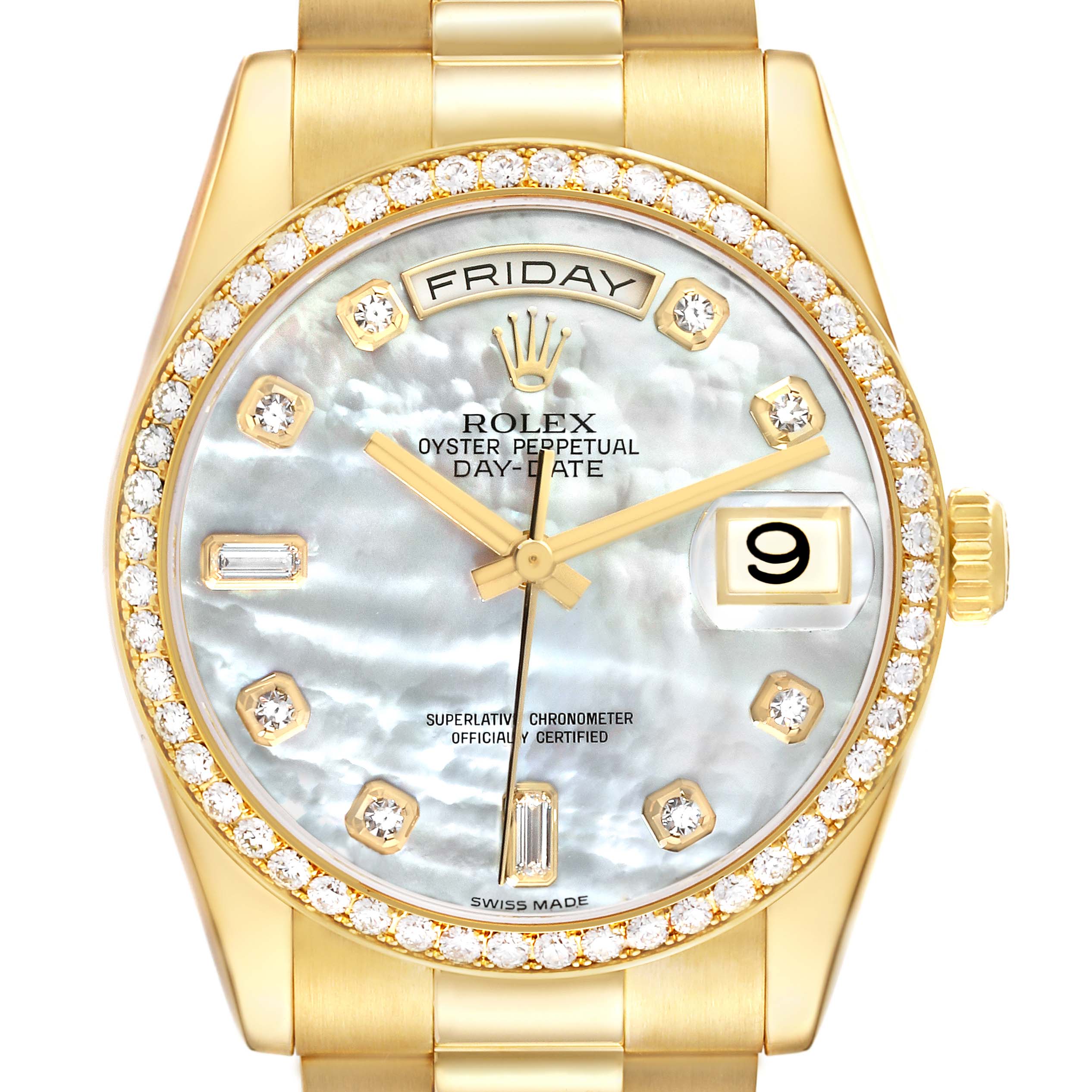 The Rolex President 118348 Men's Yellow Gold Mother of Pearl Dial 118348 Men's Yellow Gold Mother of Pearl Dial model is shown from the front, displaying the dial, bezel, and part of the bracelet.