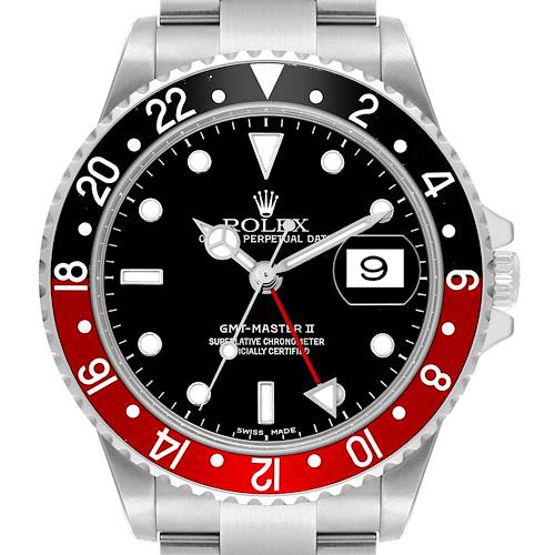The Rolex GMT-Master 16710 Men's Stainless Steel Black Dial 16710 Men's Stainless Steel Black Dial II watch is shown from the front, highlighting the bezel, dial, hands, and date window.