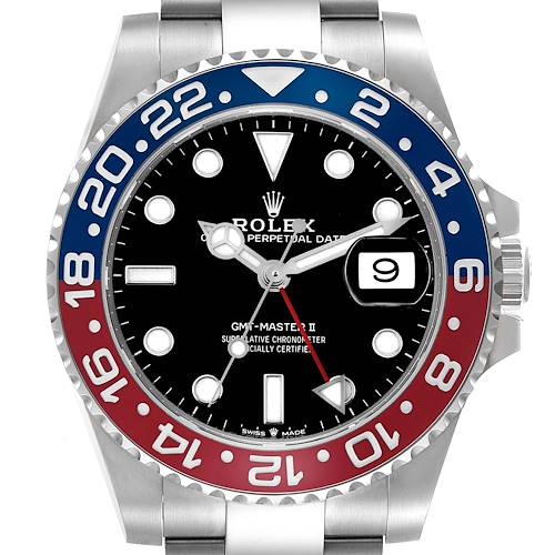 The Rolex GMT-Master 126710BLRO Men's Stainless Steel Black Dial 126710BLRO Men's Stainless Steel Black Dial watch is shown from a top view, highlighting its bezel, dial, and crown.